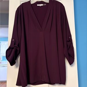 Calvin Klein Plum Long Sleeve V-Neck 3/4 Sleeve Blouse 2X